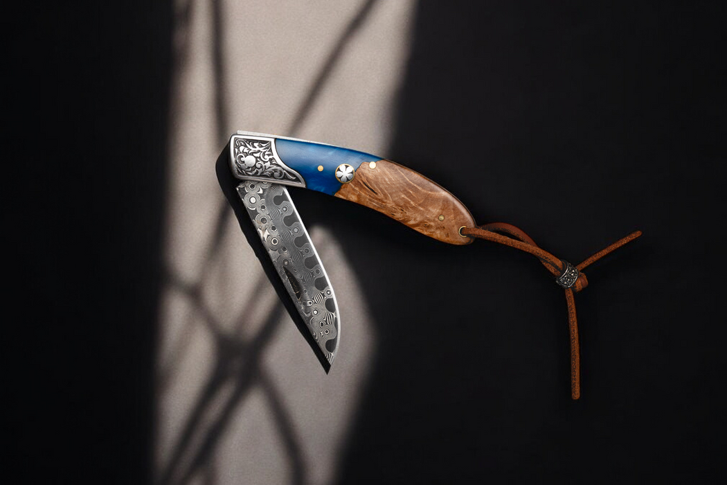 The Voyager – Damascus Folding Pocket Knife with Walnut Resin Handle | Exclusive Handmade EDC Knife