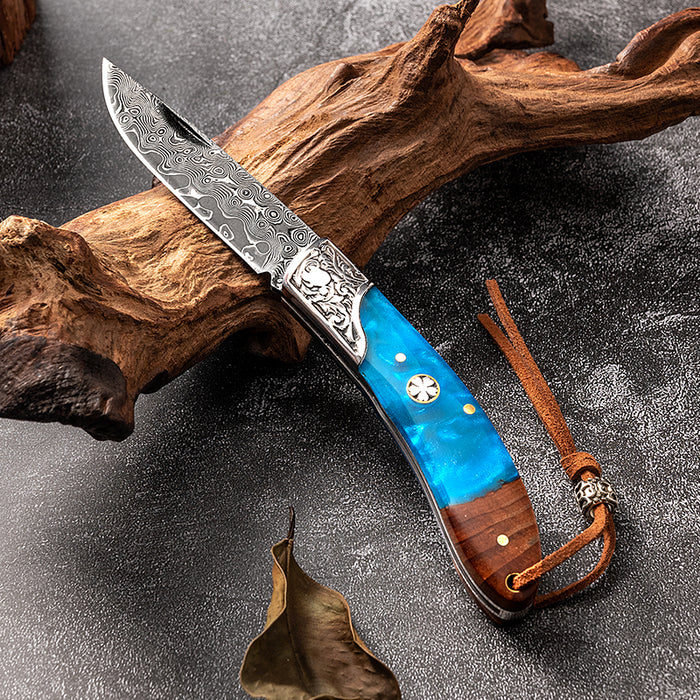 The Voyager – Damascus Folding Pocket Knife with Walnut Resin Handle | Exclusive Handmade EDC Knife