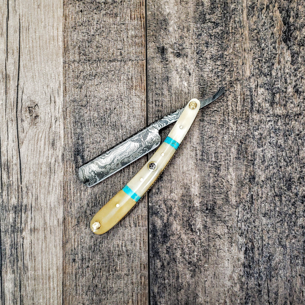 HTR-12 Damascus Straight Razor  // Authentic Shave Experience / Handmade / Bone Stone Handle // Hollow Ground