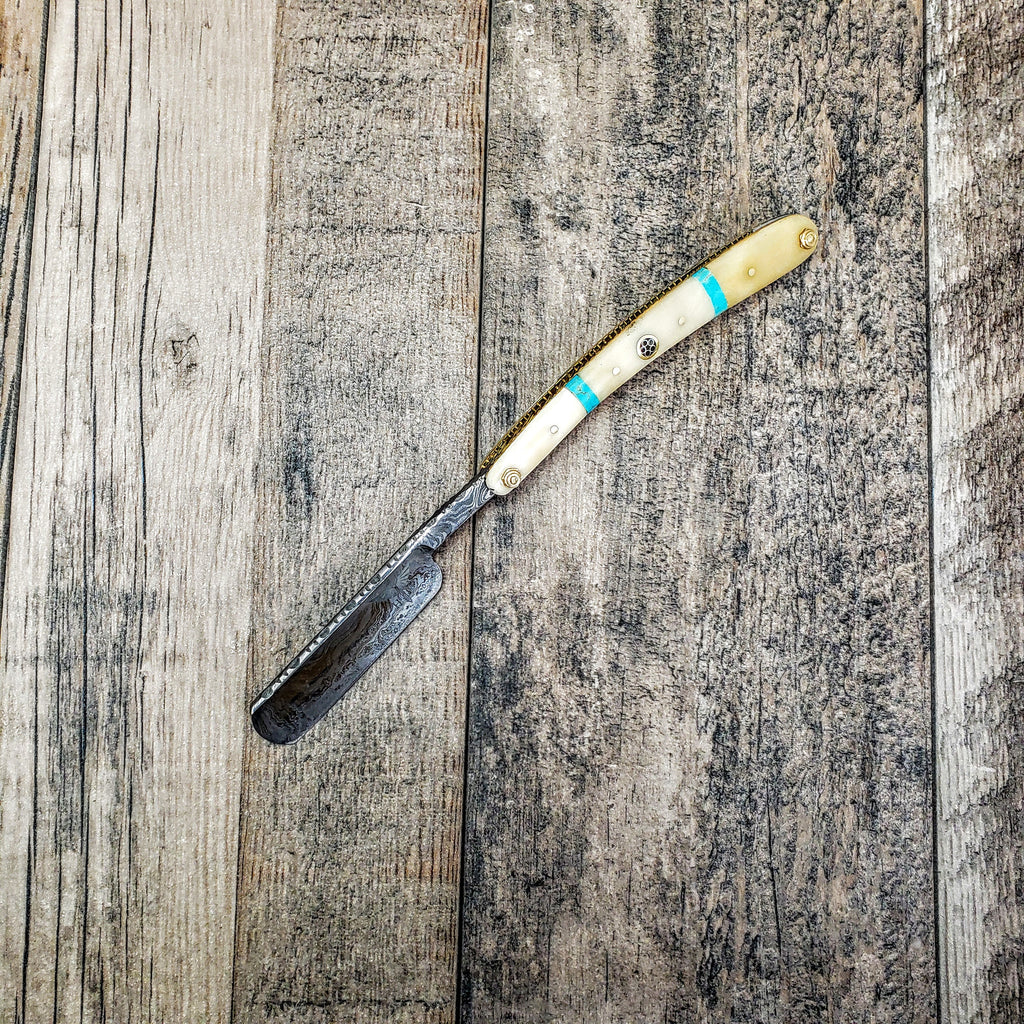 HTR-12 Damascus Straight Razor  // Authentic Shave Experience / Handmade / Bone Stone Handle // Hollow Ground