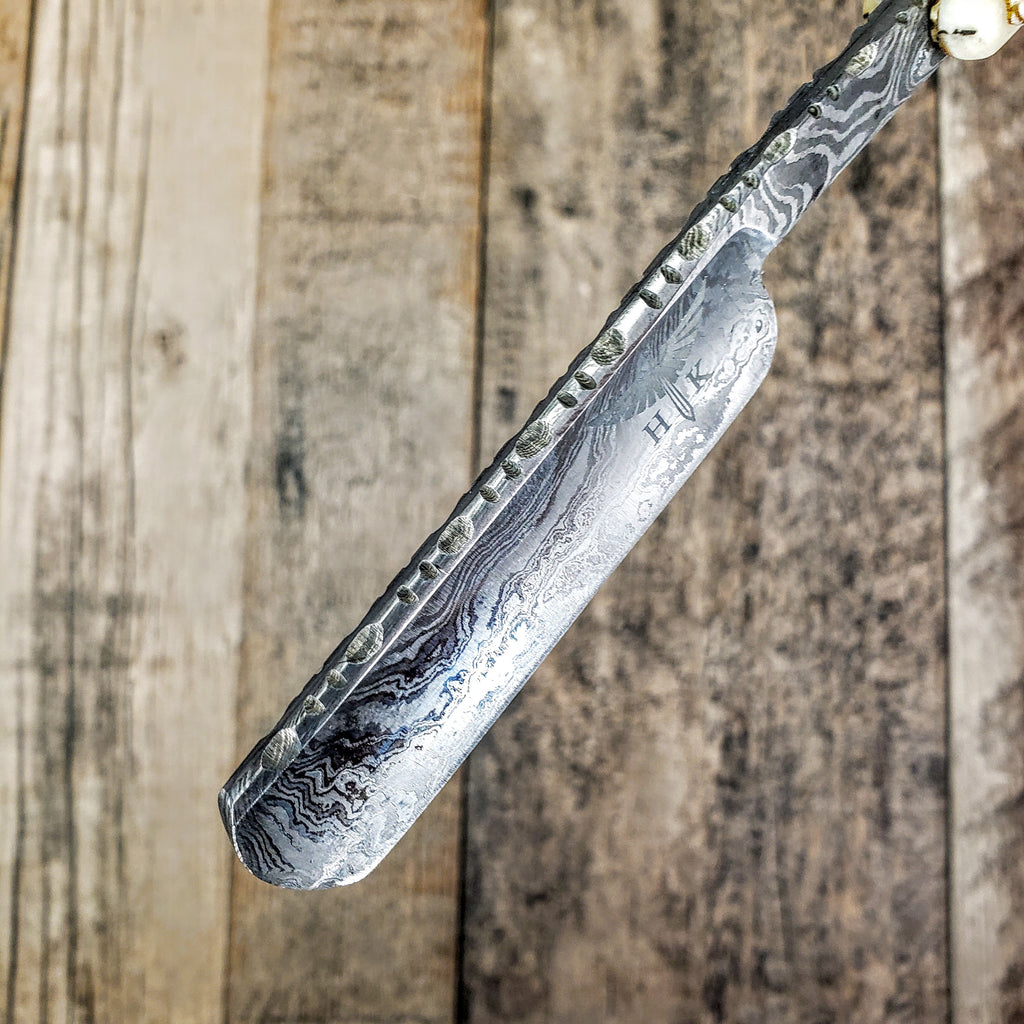 HTR-12 Damascus Straight Razor  // Authentic Shave Experience / Handmade / Bone Stone Handle // Hollow Ground
