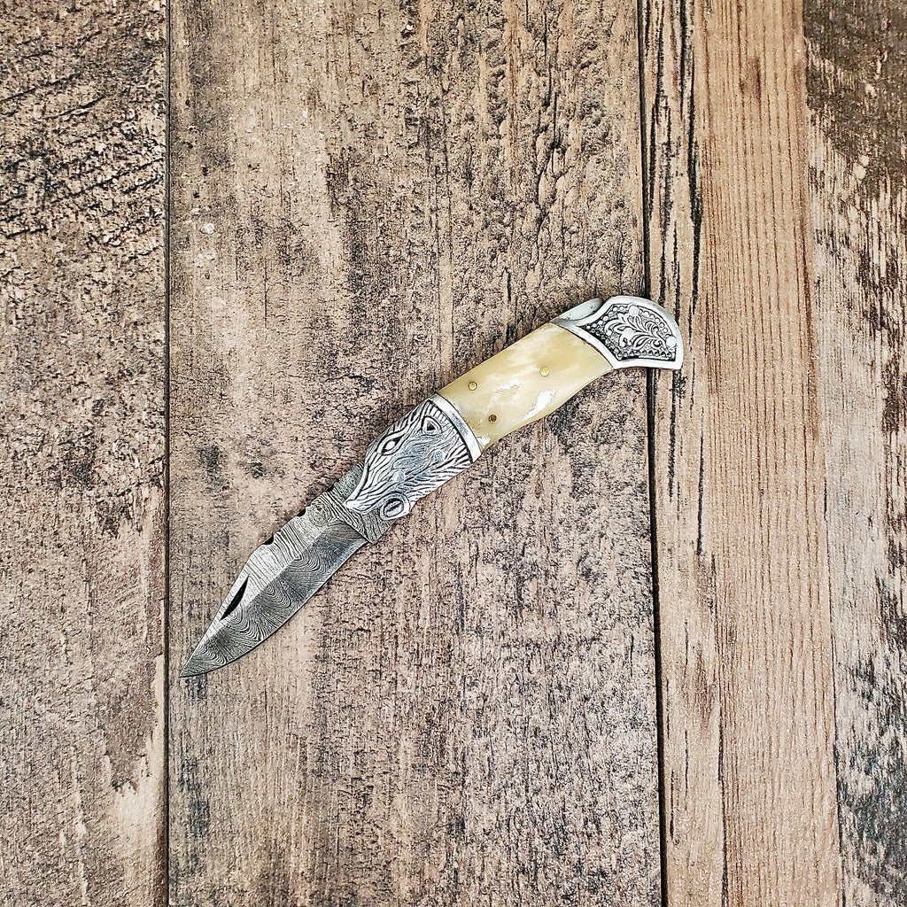 HomeTown Knives Damascus Bone Boar Head Folder Pocket Knife
