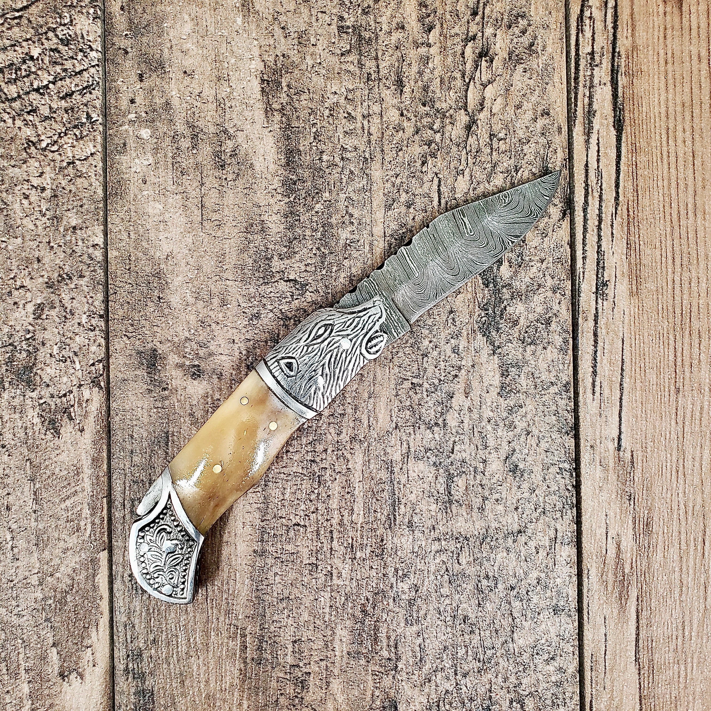 HomeTown Knives Damascus Bone Boar Head Folder Pocket Knife