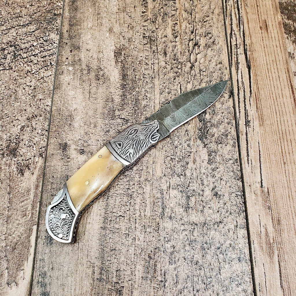 HomeTown Knives Damascus Bone Boar Head Folder Pocket Knife