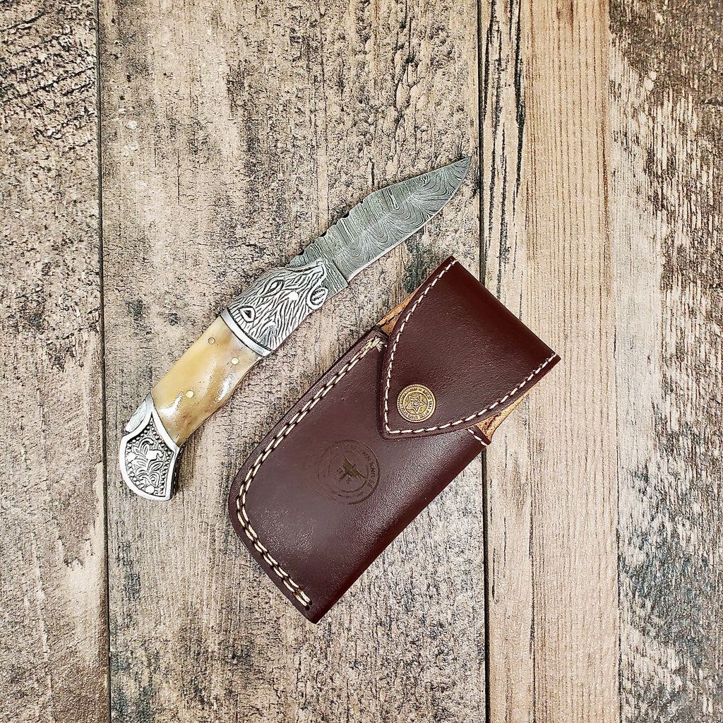 HomeTown Knives Damascus Bone Boar Head Folder Pocket Knife