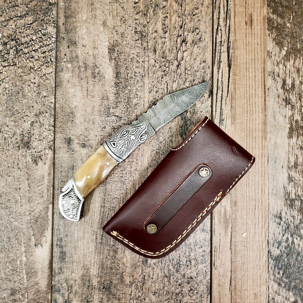 HomeTown Knives Damascus Bone Boar Head Folder Pocket Knife