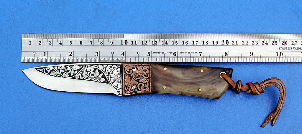 HTK-278 Knife/ Skinner / Hunting / Camping / Hand Made / Custom / Ram Horn  Handle / 1095 Steel - HomeTown Knives