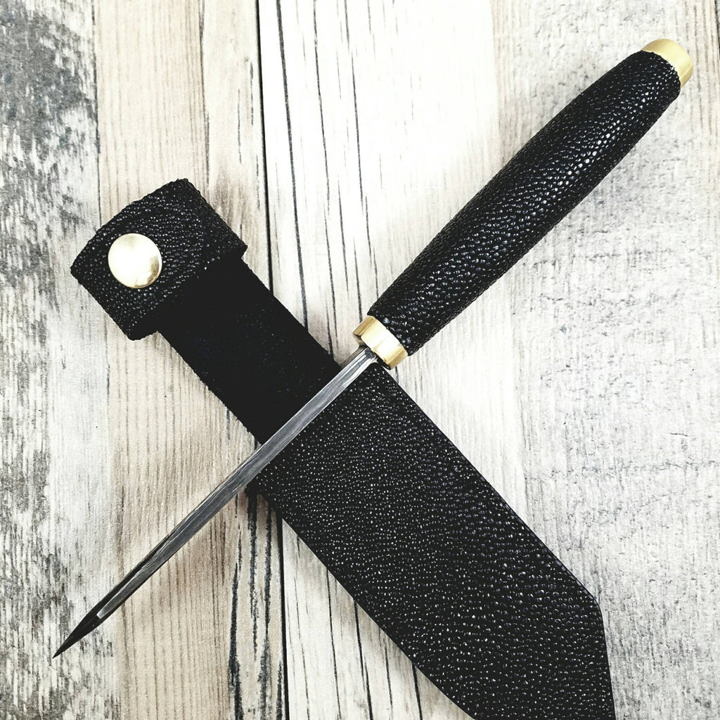 HTN12 Japenese Reverse Tanto with stingray wrapped handle.  Sanmai 3 layered Damascus with 1095 core. - HomeTown Knives