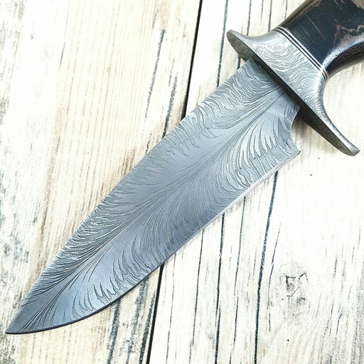 HTS-7 Damascus FEATHER Bowie // Custom // WENGE Wood Handle Amazing grains // Damascus Fittings / Feather Forged Pattern // Camp // Hunting - HomeTown Knives