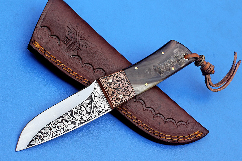 HTK-278 Knife/ Skinner / Hunting / Camping / Hand Made / Custom / Ram Horn  Handle / 1095 Steel - HomeTown Knives