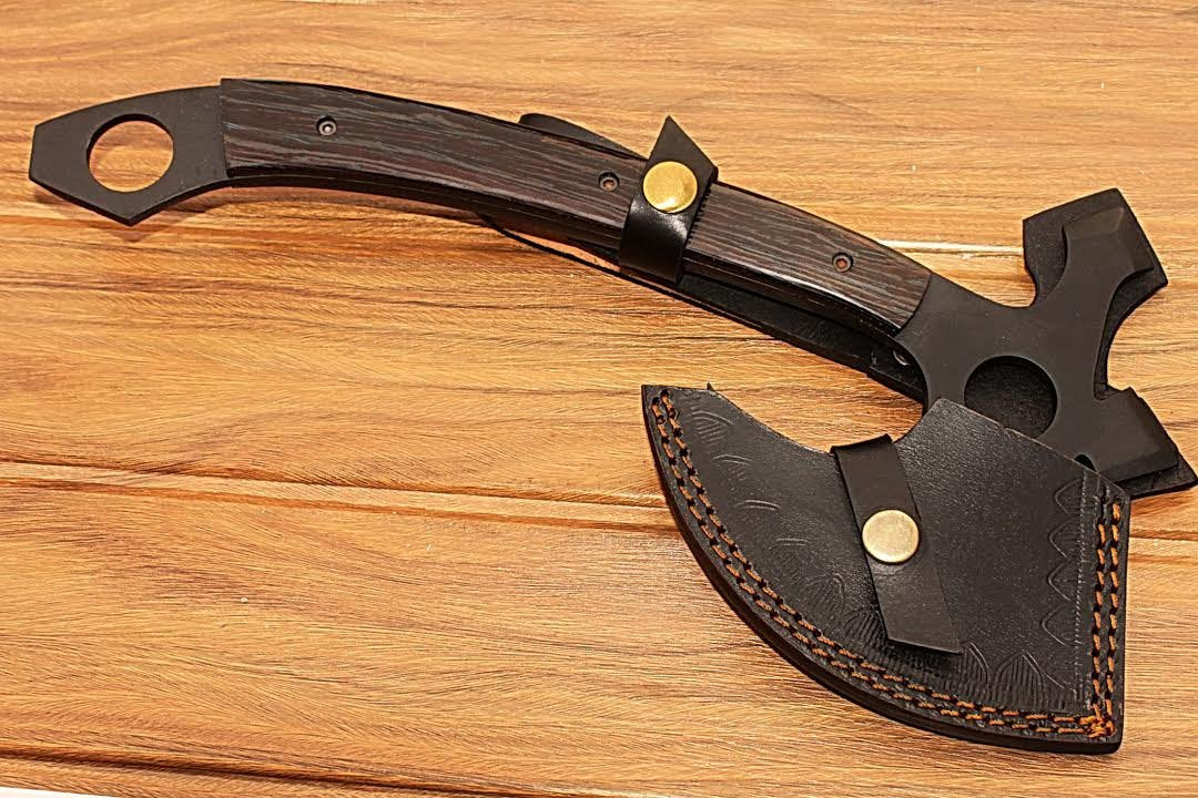 HTS-90 Carbon Black Powder Coated Handmade Tomahawk - Throwing Axe / Camping / Hunting / Chisel End / Skinner Sweep with Finger hole - HomeTown Knives