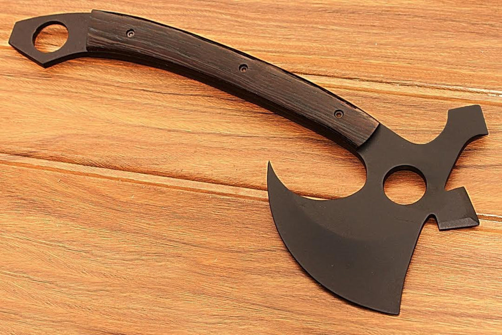 HTS-90 Carbon Black Powder Coated Handmade Tomahawk - Throwing Axe / Camping / Hunting / Chisel End / Skinner Sweep with Finger hole - HomeTown Knives