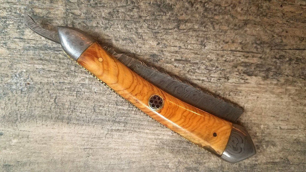 HTS-93 Damascus Straight Razor  / Shave / Handmade / Custom / Forged / Paduk Handle / Hand Filed Spine / Utility - HomeTown Knives