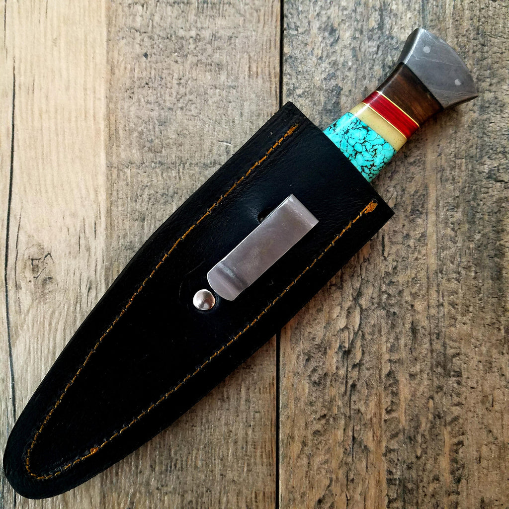 HTS-401 Custom Handmade Damascus steel BOOT Knife/ Dagger Knife / Turquoise Bone + Walnut + Camel Bone Handle / EXCLUSIVE / HomeTown Knives - HomeTown Knives