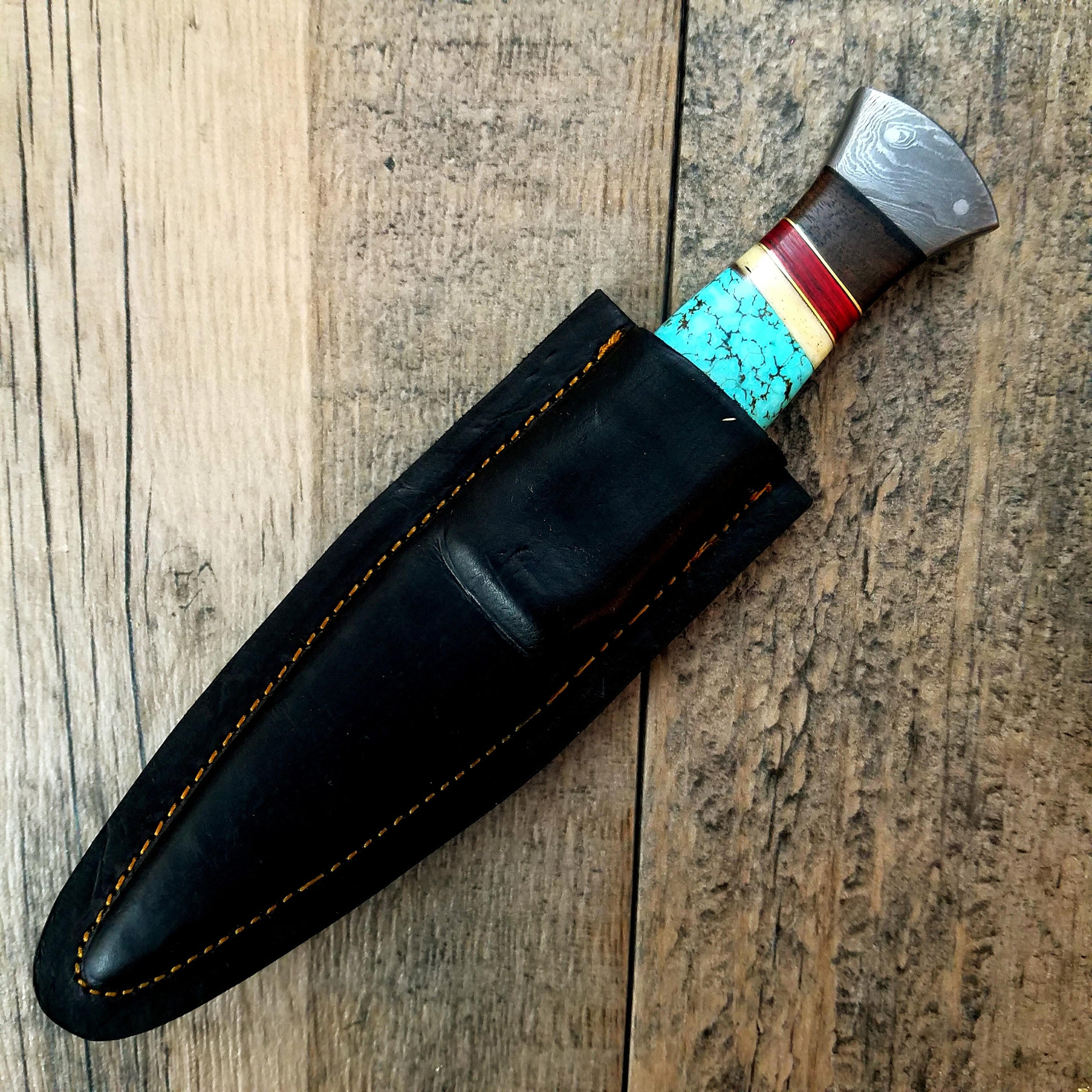 HTS-401 Custom Handmade Damascus steel BOOT Knife/ Dagger Knife / Turquoise Bone + Walnut + Camel Bone Handle / EXCLUSIVE / HomeTown Knives - HomeTown Knives