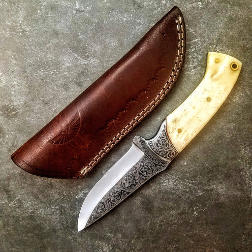 HTS-704 Knife/ Skinner / HAND ENGRAVED /  Hunting / Camping / Hand Made / Custom / Bone Handle / 440C / High Hardness - HomeTown Knives