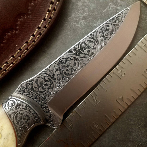 HTS-705 Knife/ Skinner / HAND ENGRAVED /  Hunting / Camping / Hand Made / Custom / Bone Handle / 440C / High Hardness - HomeTown Knives