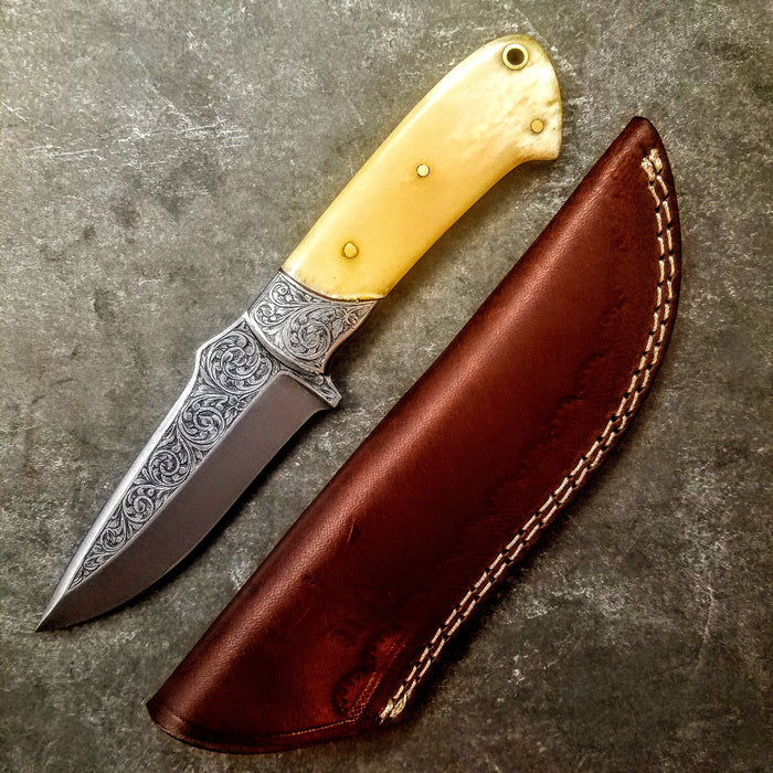 HTS-705 Knife/ Skinner / HAND ENGRAVED /  Hunting / Camping / Hand Made / Custom / Bone Handle / 440C / High Hardness - HomeTown Knives