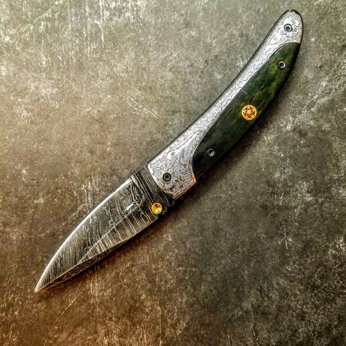 HTK-10  Damascus Knife custom handmade Folder / Micarta handle / Damascus bolsters - HomeTown Knives