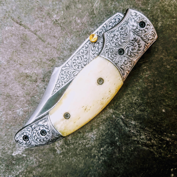 HTS-602 / 440C hand Engraved Folder / High End Art / Handcrafted / Hometown Knives / ONLY 1 on hand - HomeTown Knives