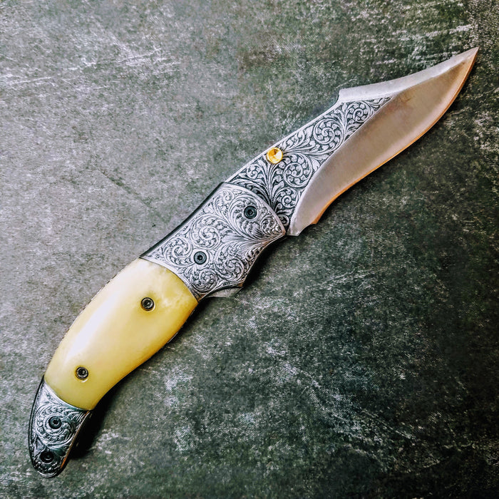 HTS-602 / 440C hand Engraved Folder / High End Art / Handcrafted / Hometown Knives / ONLY 1 on hand - HomeTown Knives