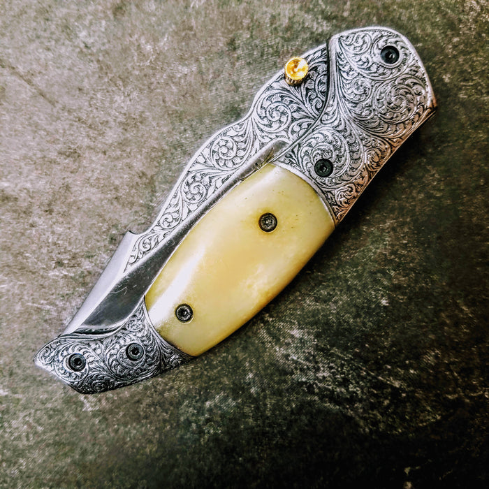 HTS-603 / 440C hand Engraved Folder / High End Art / Handcrafted / Hometown Knives / ONLY 1 on hand - HomeTown Knives