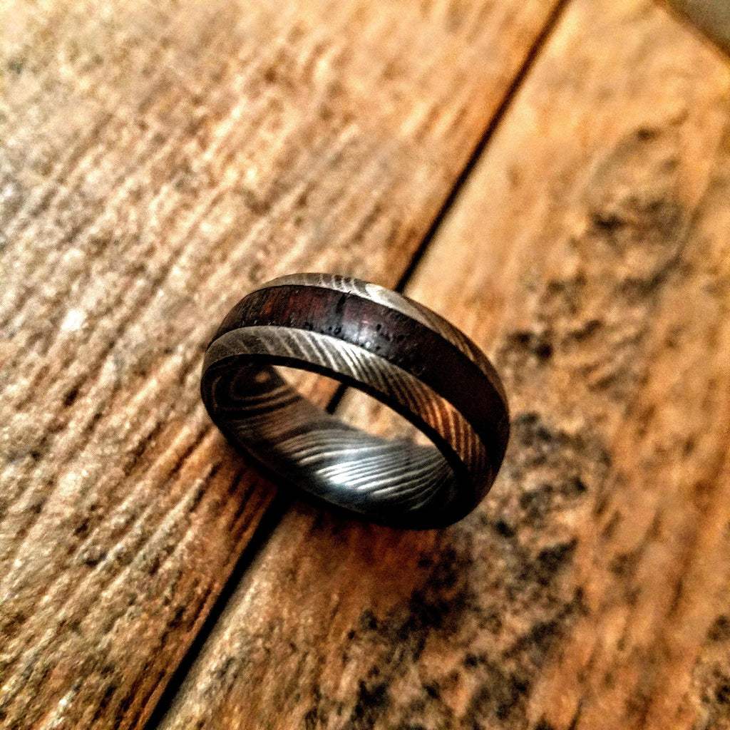 HTR4 - Damascus Ring :  Embedded African Wenge Liner - UNIQUE - Only at HomeTown Knives - HomeTown Knives
