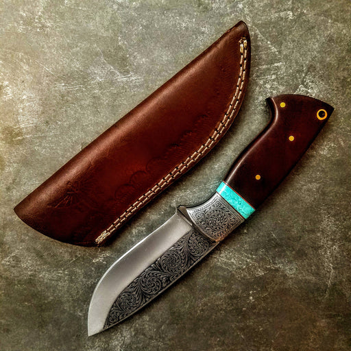 HTS-702 Knife/ Skinner / HAND ENGRAVED /  Hunting / Camping / Hand Made / Custom / Mahogany Handle / 440C / High Hardness - HomeTown Knives