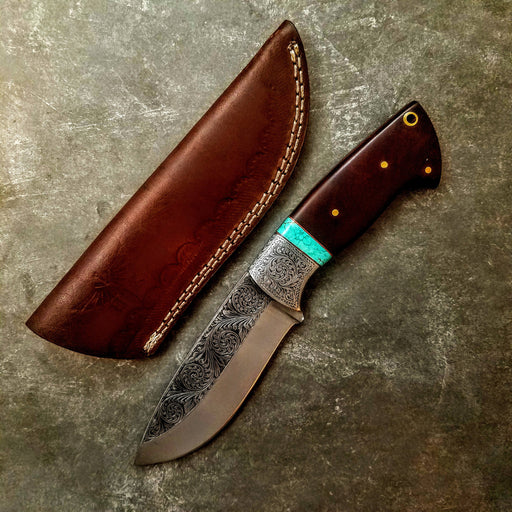 HTS-702 Knife/ Skinner / HAND ENGRAVED /  Hunting / Camping / Hand Made / Custom / Mahogany Handle / 440C / High Hardness - HomeTown Knives