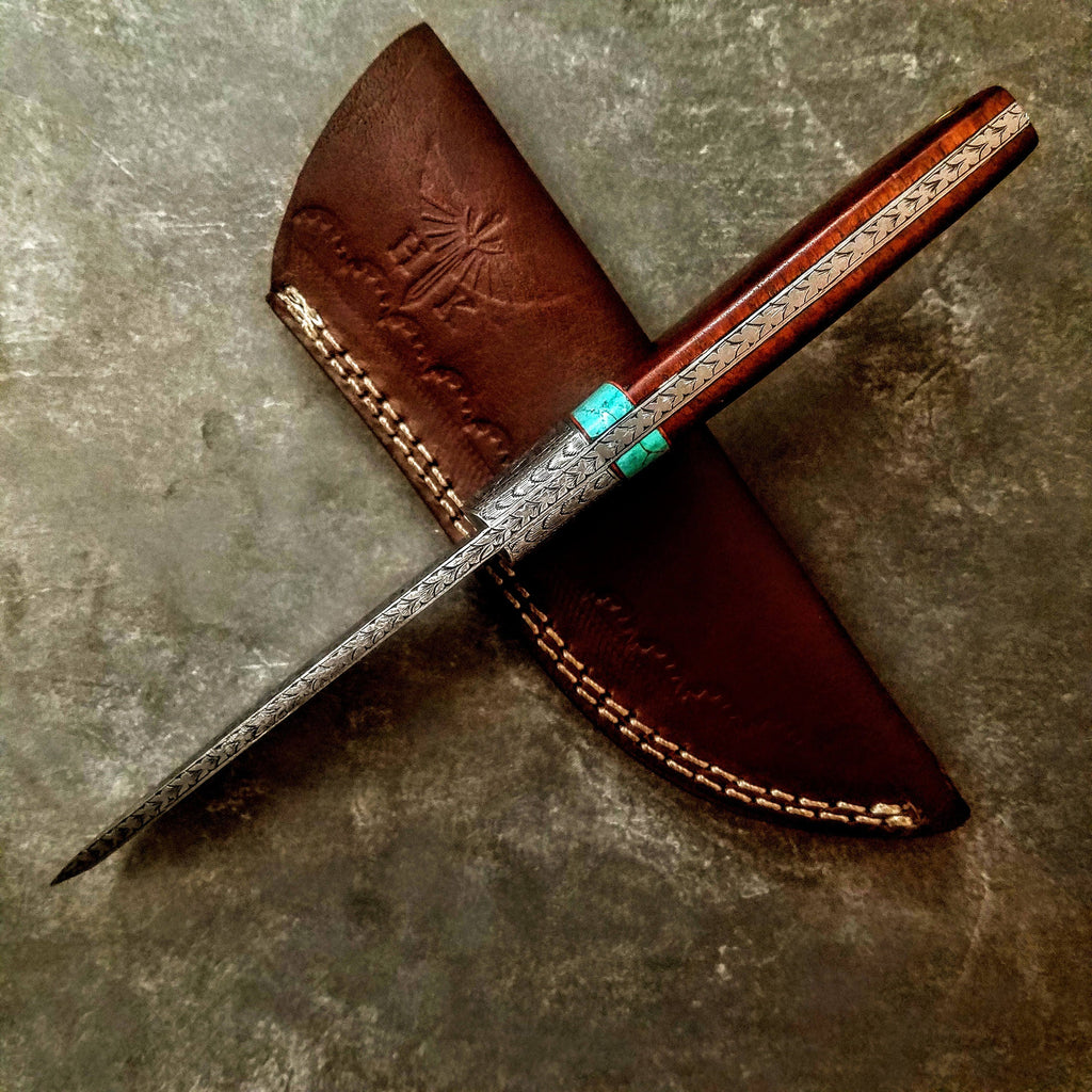 HTS-702 Knife/ Skinner / HAND ENGRAVED /  Hunting / Camping / Hand Made / Custom / Mahogany Handle / 440C / High Hardness - HomeTown Knives