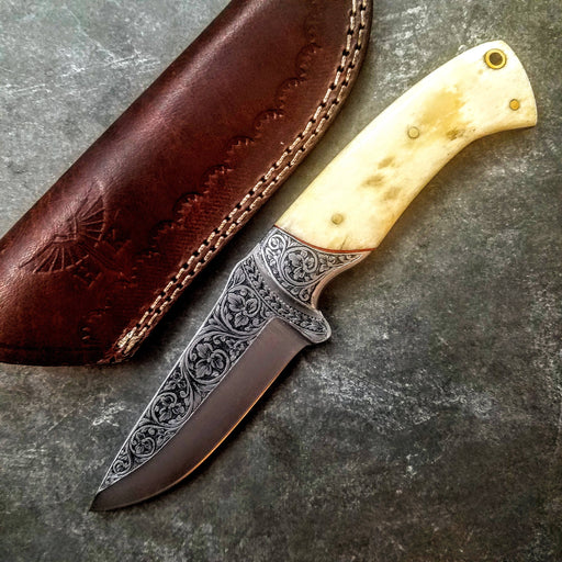 HTS-704 Knife/ Skinner / HAND ENGRAVED /  Hunting / Camping / Hand Made / Custom / Bone Handle / 440C / High Hardness - HomeTown Knives