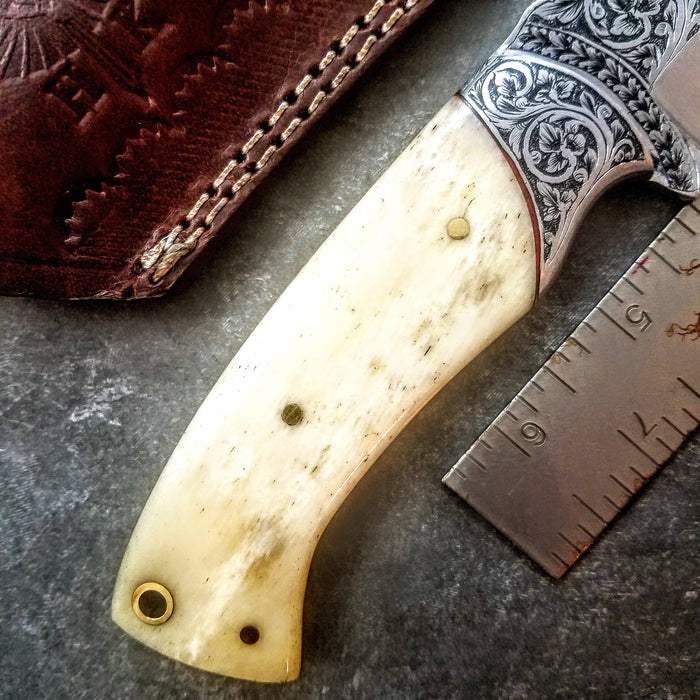 HTS-705 Knife/ Skinner / HAND ENGRAVED /  Hunting / Camping / Hand Made / Custom / Bone Handle / 440C / High Hardness - HomeTown Knives