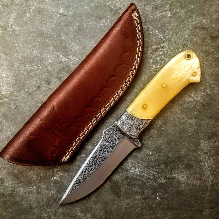 HTS-705 Knife/ Skinner / HAND ENGRAVED /  Hunting / Camping / Hand Made / Custom / Bone Handle / 440C / High Hardness - HomeTown Knives