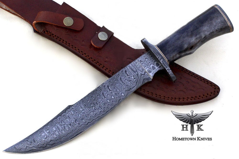 HTB-1015  Handmade Damascus Steel Hunting Bowie Knife Ladder Pattern Blade Color Camel Bone Handle