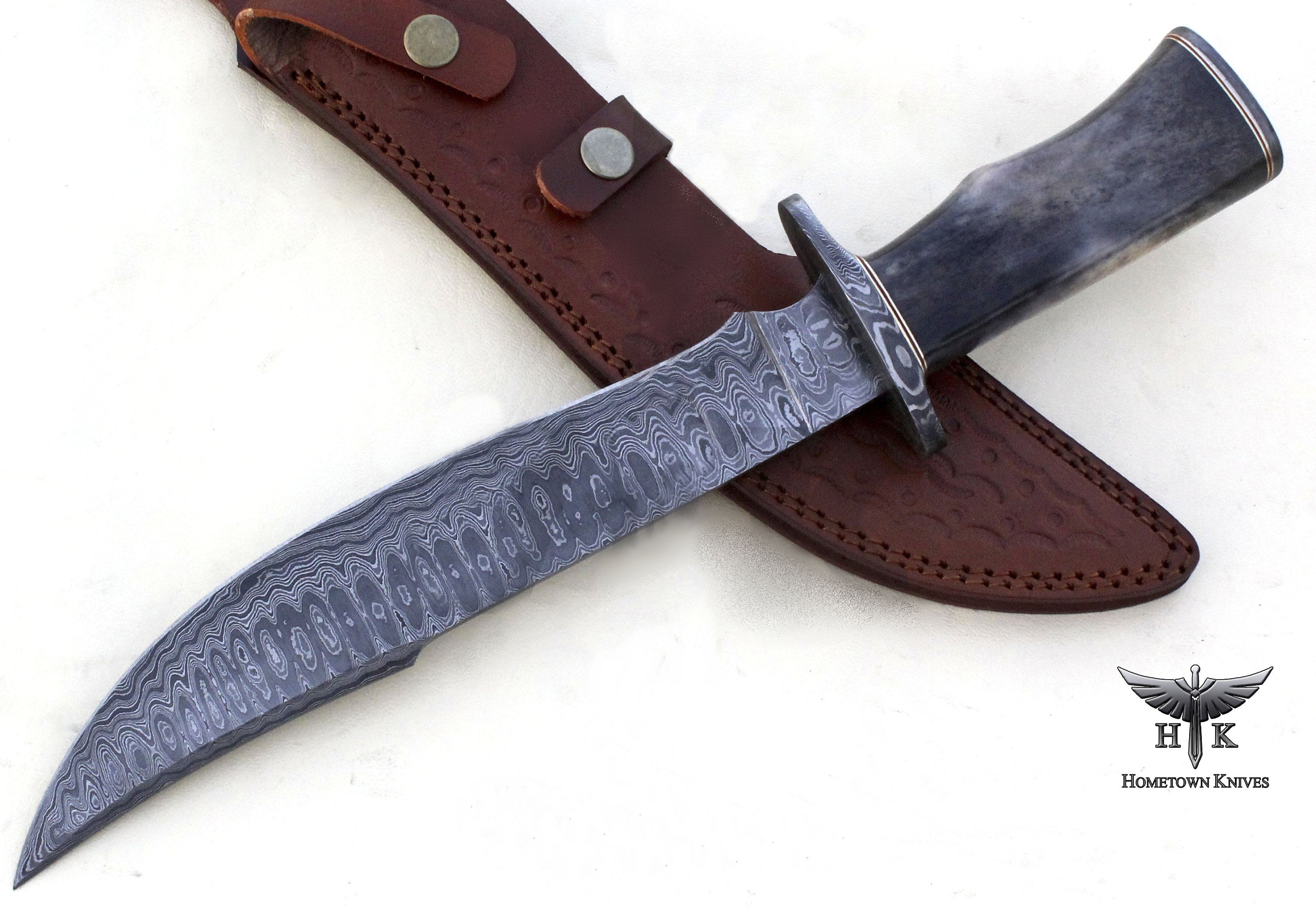 HTB-1015  Handmade Damascus Steel Hunting Bowie Knife Ladder Pattern Blade Color Camel Bone Handle
