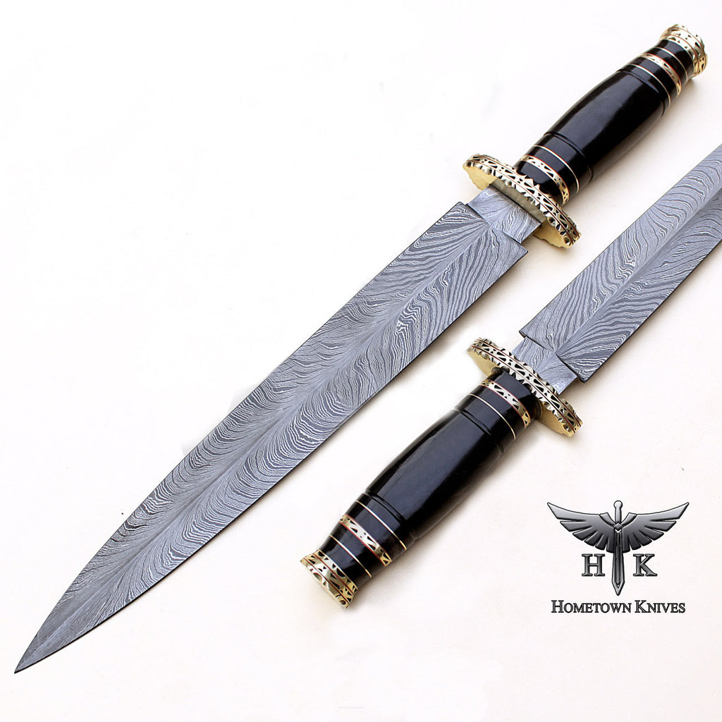 HTB-0084 Handmade Damascus Steel Hunting Dagger Knife Feather Pattern Blade Buffalo Horn Handle
