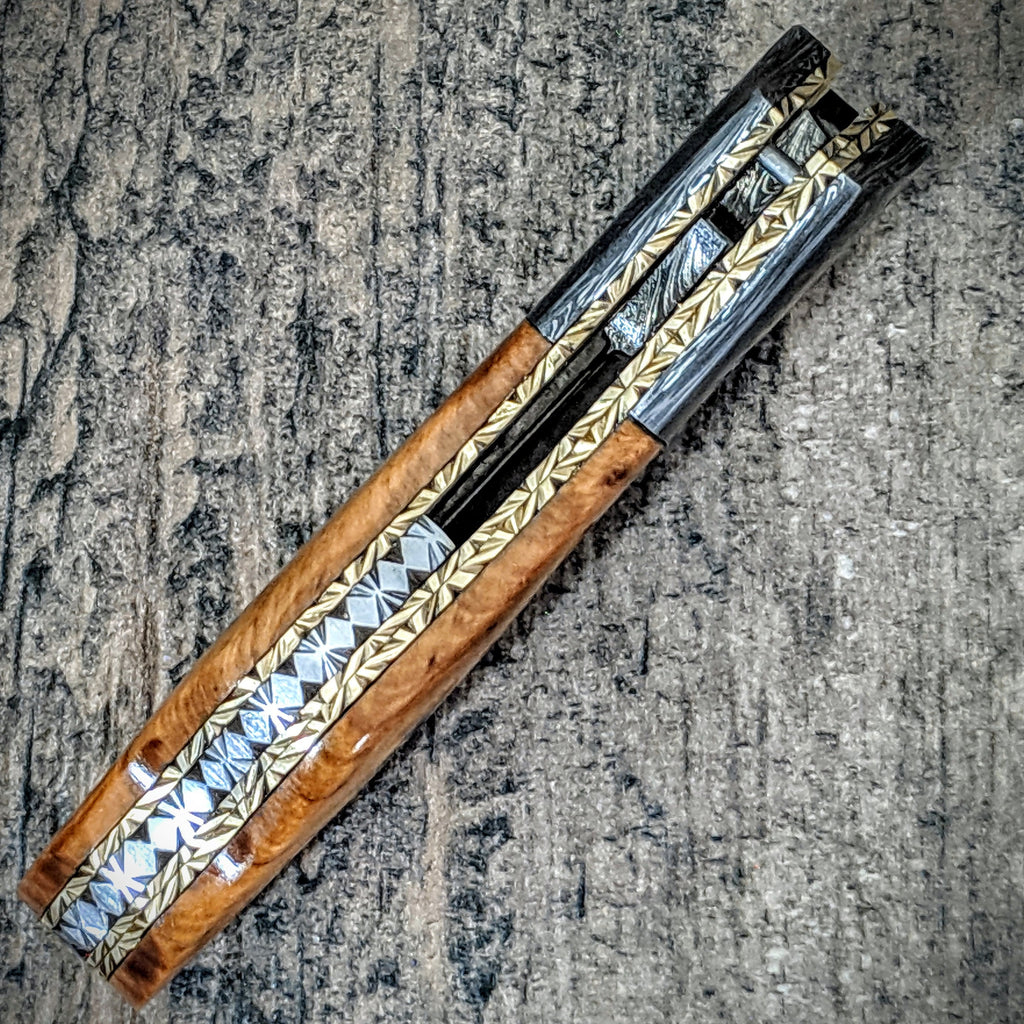 HTM-10 Damascus Pocket Knife / Tanto Folder / Olive Wood /  File Artwork / Handcrafted / Hometown Knives