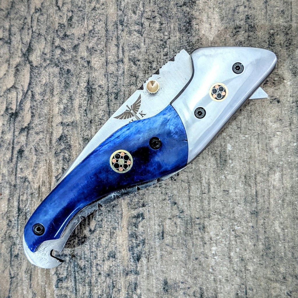 HTM-6 D2 Tool Steel Pocket Knife / Folder / Blue Bone / Handcrafted / Hometown Knives / Hole Pivot Opening /