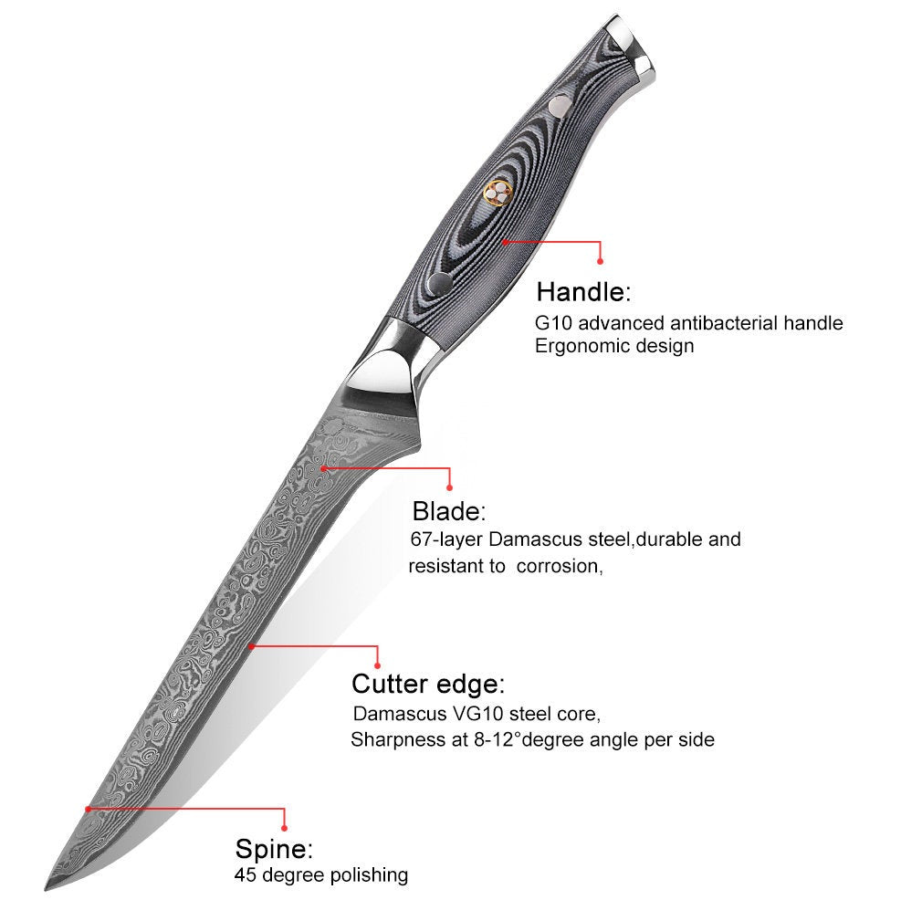 HTC-13 - Fillet Knife ǁ Black VG10 Sanmai Stainless Damascus ǁ Flexible ǁ Ergonomic ǁ Professional Chef ǁ Sharp & Holes Edge - HomeTown Knives