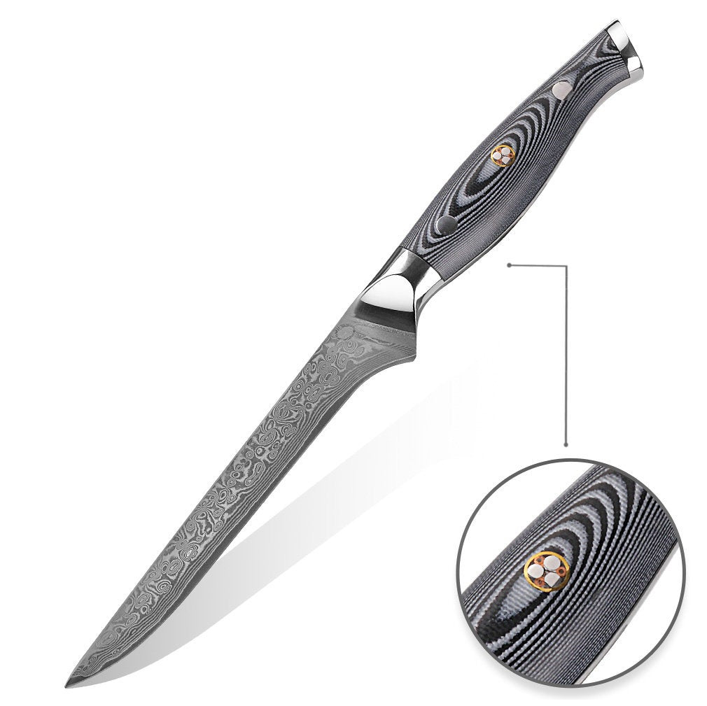 HTC-13 - Fillet Knife ǁ Black VG10 Sanmai Stainless Damascus ǁ Flexible ǁ Ergonomic ǁ Professional Chef ǁ Sharp & Holes Edge - HomeTown Knives