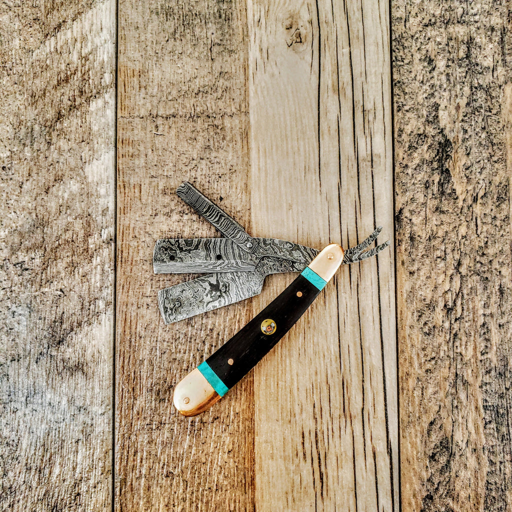 HTRR2 // Replaceable Blade Damascus Straight Razor // Close Shave // UNIQUE Handmade // Custom //  Turquoise + Wenge + Copper Scales