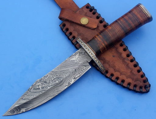 HTK-13  Damascus Knife custom handmade Bowie / Leather Handle / Damascus Fittings - HomeTown Knives