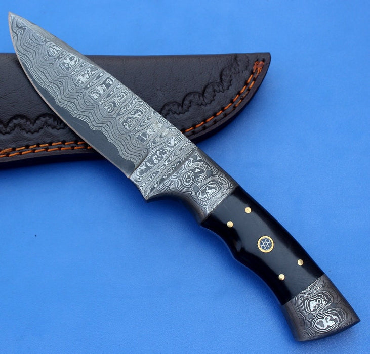 HT-10  Damascus Knife custom handmade Skinner / Buffalo Horn / Great quality - HomeTown Knives