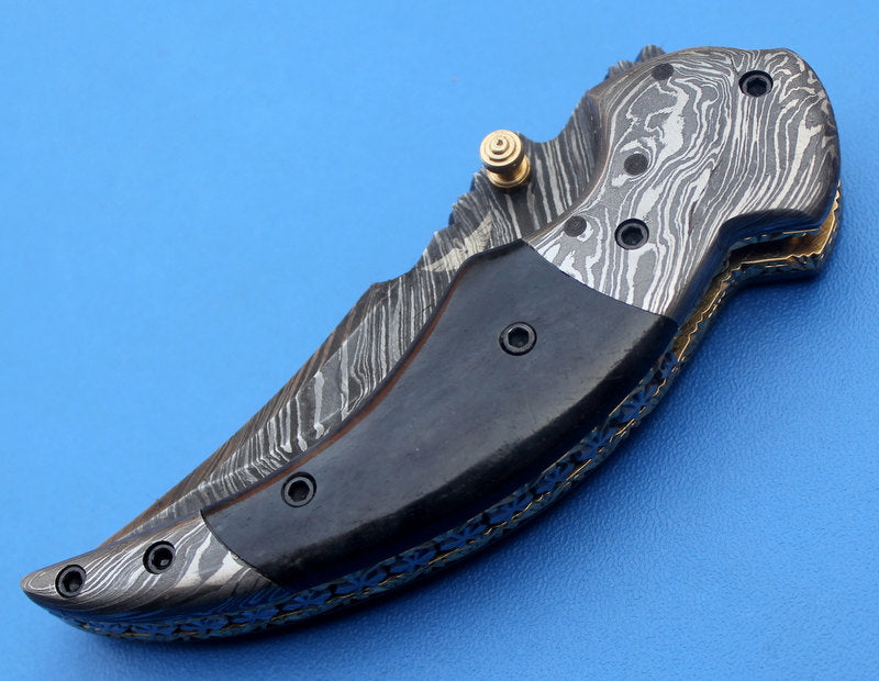 HTK-116 Damascus Folder / Hand Made / Custom / Buffalo Horn handle / Damascus steel bolster / Liner Lock - HomeTown Knives