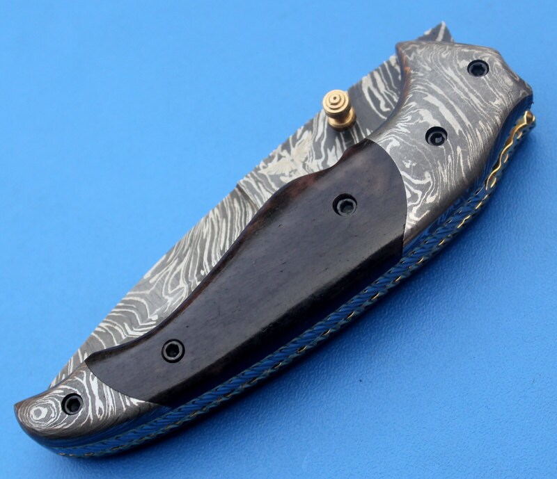 HTK-119 Damascus Folder / Hand Made / Custom / Color Camel Bone handle / Damascus steel bolster / Liner Lock - HomeTown Knives