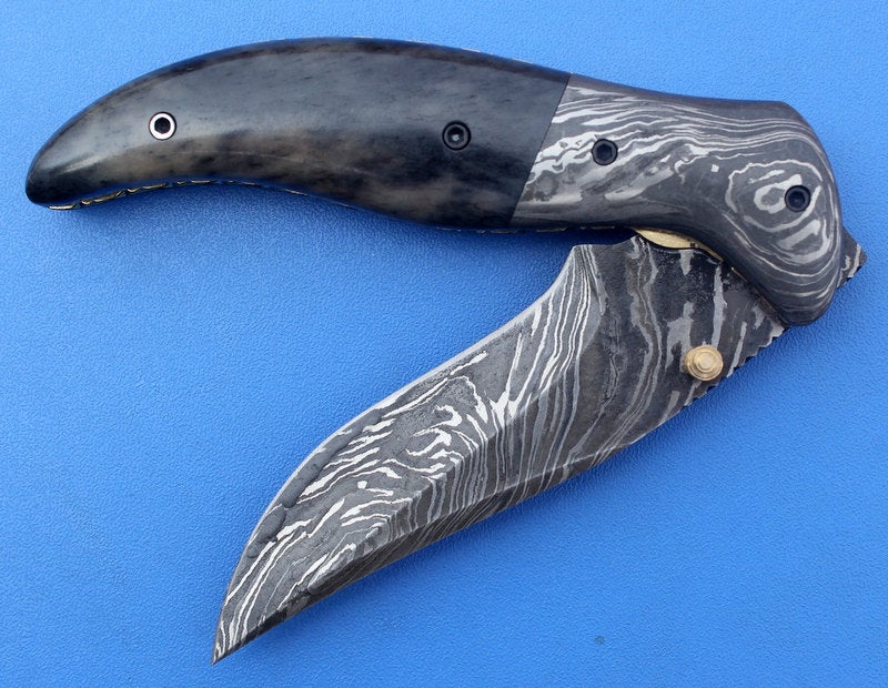 HTK-124 Damascus Folder / Hand Made / Custom / Color Camel Bone handle / Damascus steel bolster / Liner Lock - HomeTown Knives