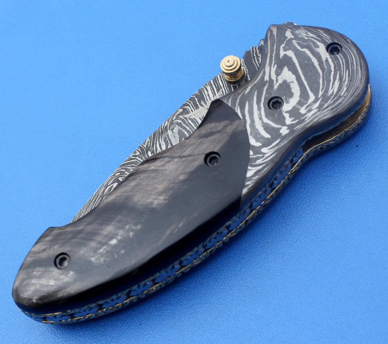 HTK-128 Damascus Folder / Hand Made / Custom / Buffalo Horn handle / Damascus steel bolster / Liner Lock - HomeTown Knives