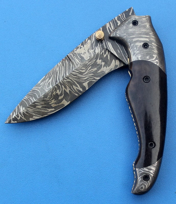 HTK-119 Damascus Folder / Hand Made / Custom / Color Camel Bone handle / Damascus steel bolster / Liner Lock - HomeTown Knives