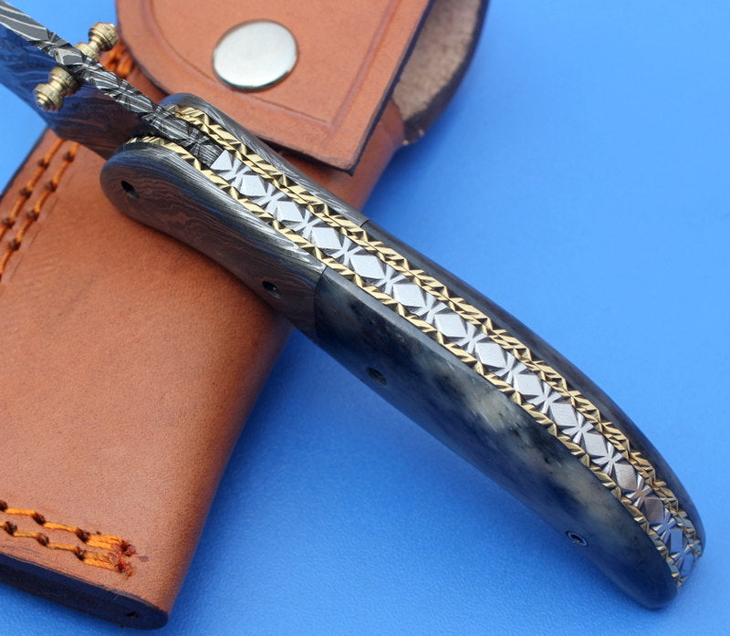 HTK-124 Damascus Folder / Hand Made / Custom / Color Camel Bone handle / Damascus steel bolster / Liner Lock - HomeTown Knives