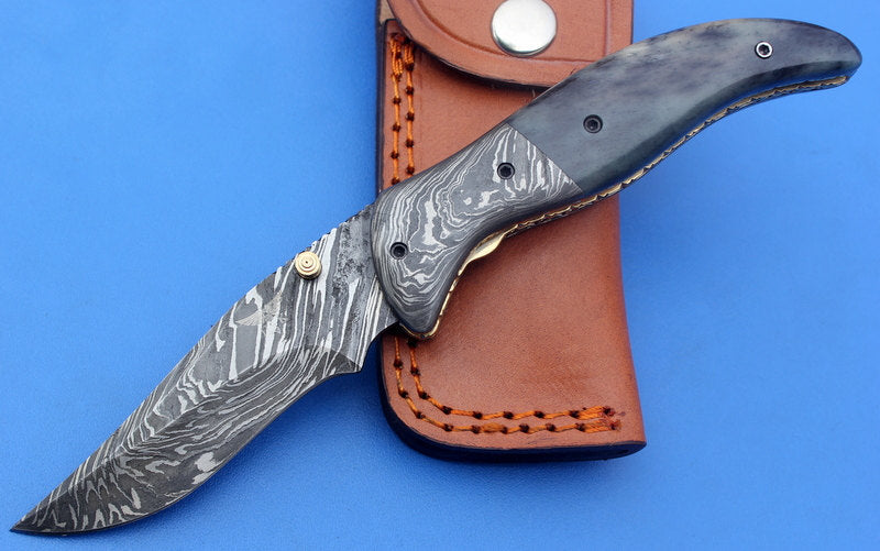 HTK-124 Damascus Folder / Hand Made / Custom / Color Camel Bone handle / Damascus steel bolster / Liner Lock - HomeTown Knives